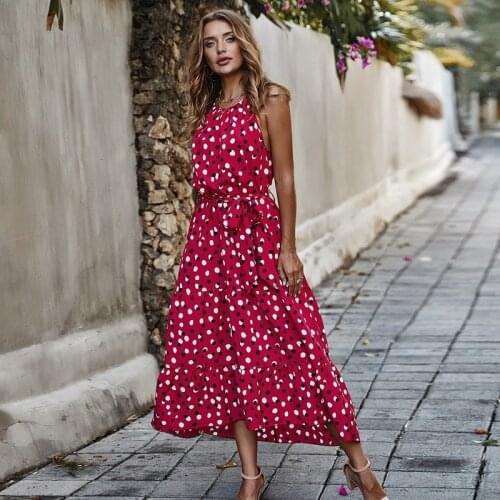 Polka Dot Print Maxi Dresses for Women Belt Spaghetti Strap O-Neck Loose Dress Ladies High Waist Bandage Dress Elegant Vestidos