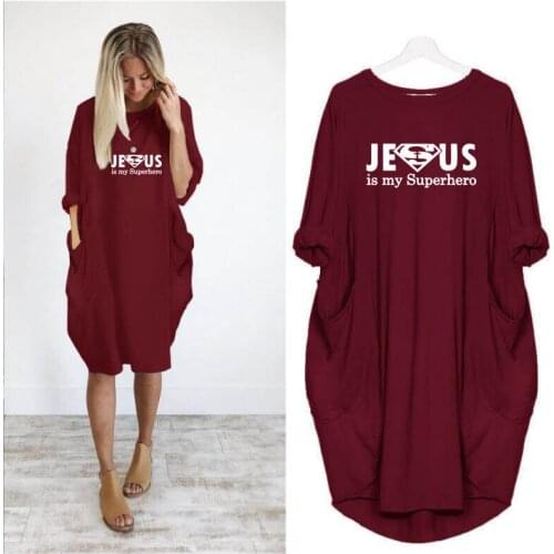 Jesus Is My Superhero Print Dress Female Harajuku Off Shoulder Long Sleeve Vintage Dress Women Femme Lover Christmas Gift