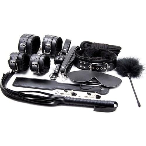 10 pieces/set Sex Bondage Restraint Kit Sets Women Erotic Sex Tools Adult Games Handcuffs Whip Blinder Necklace For Couples