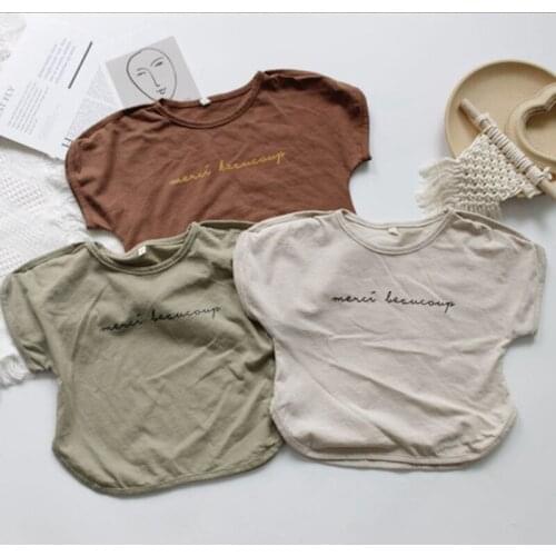 2021 Summer Unisex Kids Letters Printed T Shirts Korean Style Bat Sleeve Baby Girls Boys Tees Casual Children Tops