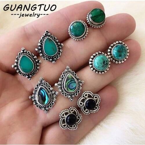 5 PAIRS/SET Vintage Bohemia Water Drop Flower Stud Earrings Gemetric Round Circle Antique Silver Earrings Set Jewelry Gift