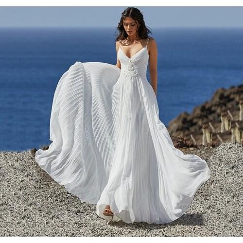 9971#Boho Wedding Dresses Spaghetti Straps Backless Chiffon Beach Wedding Gowns Bride Dress Plus Size Sweep Train Robe de Mariee