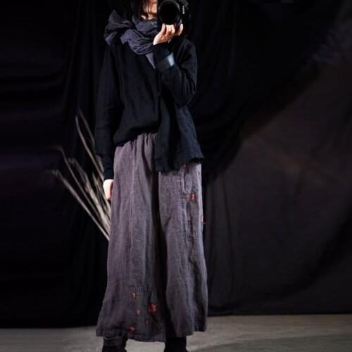 Women Linen Spring Autumn Patchwork Elastic Waist Pants Ladies Loose Vintage Flax Trousers Female Wide Leg Pants