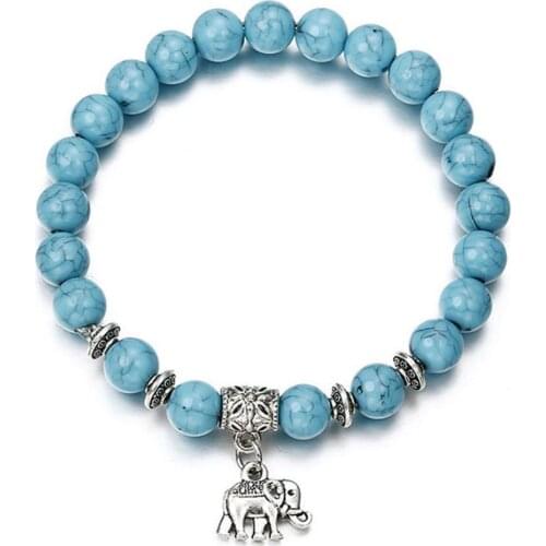 Ethnic Women Elephant Charm Faux Turquoise Beaded Bracelet Elastic Bangle Jewelry Gift For Women Fashion Bracelets