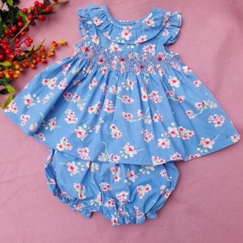 Baby girl summer vintage Spanish smocking dress kids floral printed embroidered two piece sets