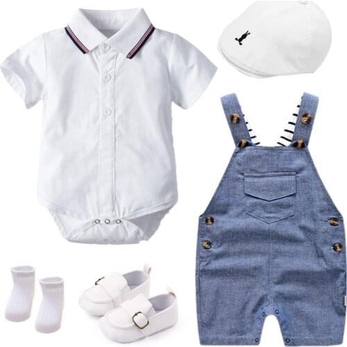 Newborn Boy Summer Baby Clothes Cotton Kids Birthday Dress White Infant Outfit Hat + Romper + Overall + Shoes + Socks 5 PCS 18M
