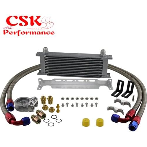 13 Row Engine Oil Cooler + Thermostat 80 Deg Oil Filter Adapter Kit Silver / Black