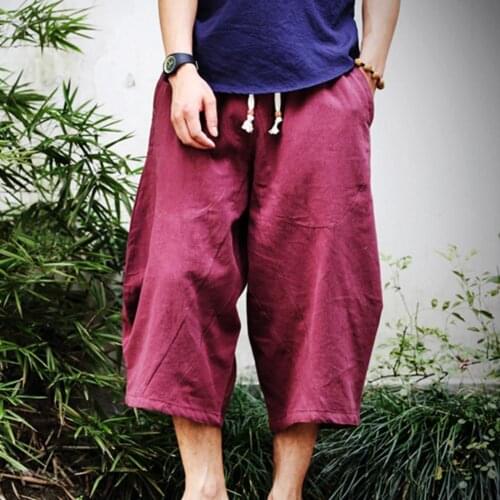 2021 Capri Pants Solid Color Drawstring Men Loose Mid Rise Pockets Trousers for Men Hip Hop Plus Size Wide Leg Pants Daily Wear
