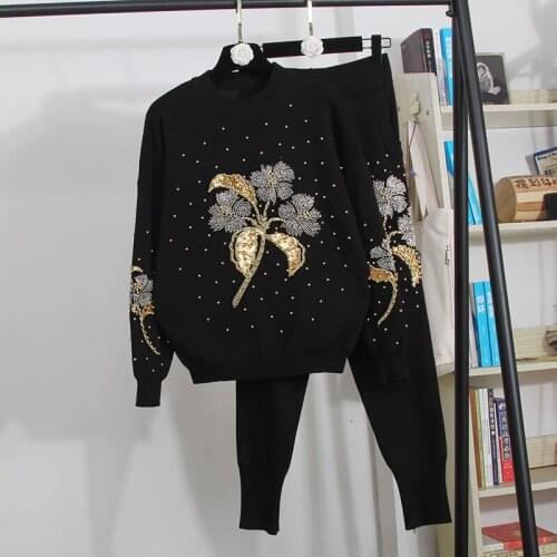 Autumn New Fashion Black Knitted Set Women Tracksuit Loose Beading Sequins Flowers Sweater Pencil Pants Two Piece Outfits Female