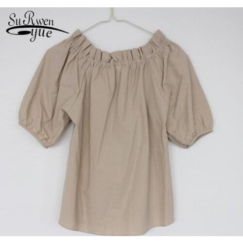 2021 Early Spring and Summer New Cotton and Linen Off-shoulder Short Sleeve Blouse Elegant Korean Solid Color Casual Top 8790 50