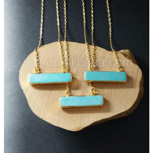 WT-N737 WKT Wholesaler unique design Rectangle Chain Necklace Jewelry natural green stone in gold electroplated rectangle stone