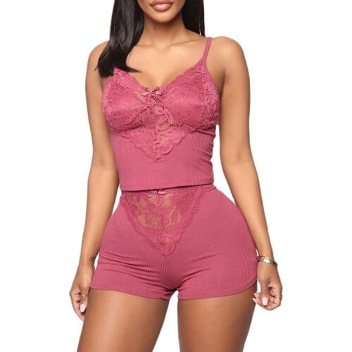 Casual Home Pajamas Set 2 Pieces Nightwear Set for Women Solid Color Lace V-Neck Sleeveless Top and Shorts