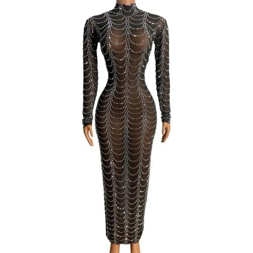 Transparent Net Silver Rhinstones Pearls Skirt Birthday Celebrate Ball Dress Prom Singer Dancer Outfit See Through Long Dress