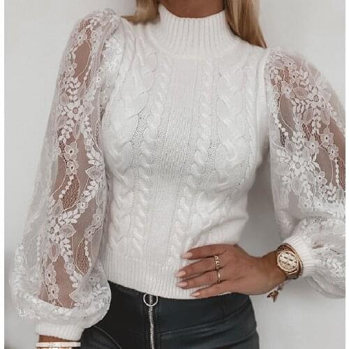 Sexy Turtleneck Sweater Womens Autumn / Winter 2021 New Twist Stitching Lace Lantern Sleeve Knitted Tops Halloween Sweater