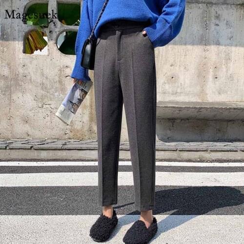 Woolen Autumn and Winter Solid Straight Harlan Pants Women Nine Point Loose Suit Pants Grey Casual Trousers Pantalones 11996