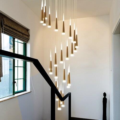Modern Gold Cone Tube Pendant Chandelier Lamp Long downlight Staircase Hanging Light for Restaurant Kitchen Coffee Light Fixtur