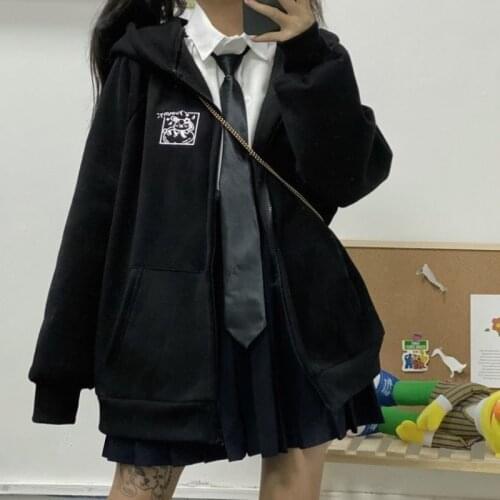 Deeptoen Korean Style Women Hoodies 2021 Winter 2021 Fashion Zip Up Hoodie Long Sleeve Tops Black Plus Velvet Sweatshirt Women