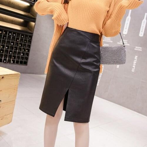 High Waist Pu Leather Skirt Women For Spring Thin Split Black Midi Skirt Femme Autumn Loose Ladies Pencil Skirts Womens
