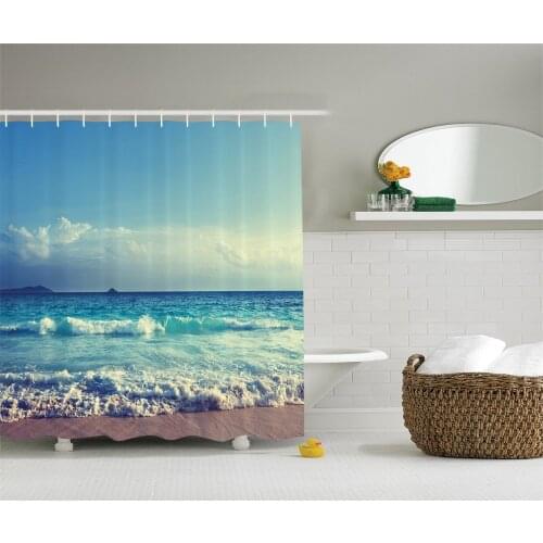 Ocean Shower Curtain Tropical Island Decor Ocean Waves Seychelles Beach in Sunset Time Print Wall Decoration Hanging Curtains