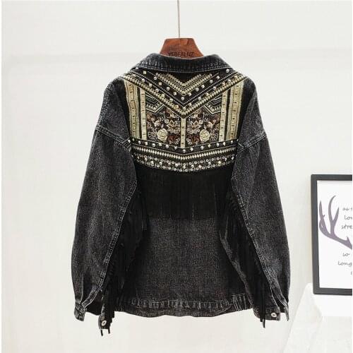 Ropa Mujer 2021 Tassel Fashion Embroidered Denim Jacket Female Loose Rivet Korean The Wild Spring Autumn Pocket Long Sleeve
