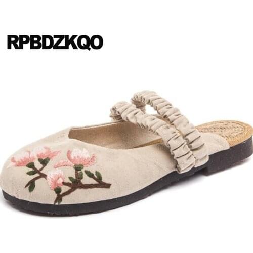 Women Flower Chinese Embroidered Shoes Canvas Mary Jane Embroidery Floral Slippers Sandals Cloth Slingback Retro Big Size Mules