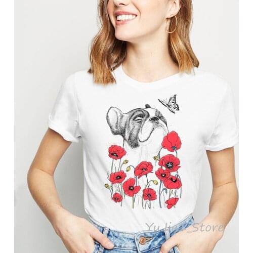 Funny Pug With Poppies Art Print women shirts female kawaii t shirt dog lover clothes camisas mujer tops tees drop shipping