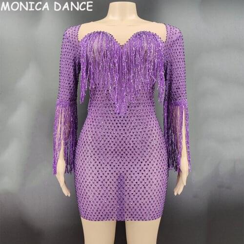 Women Sexy Stage Purple Black Rhinestone Fringe Dress Half Sleeves Birthday Celebrate Outfit Costume Women DS Dance Dress