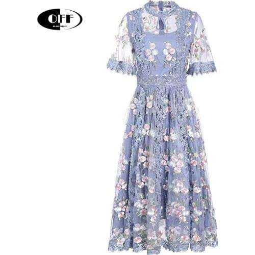 Designer Runway Dress Summer Floral Embroidery Lace Up Short Sleeve Elegant Mesh Party Midi-long Dresses For Women Fashion Robe