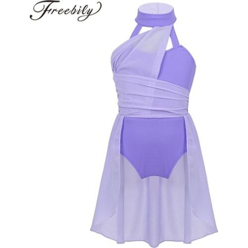 Kids Dance Wear Girls Sleeveless Ruched Chiffon Lyrical Dance Dress Child Ballet Dance Leotard Dress Modern Dance Costume