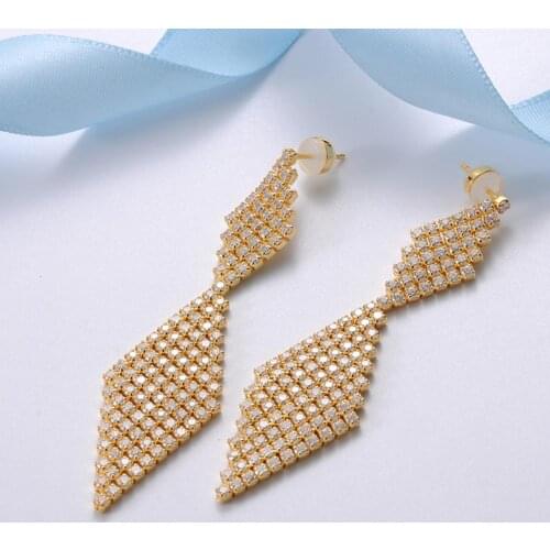 925 Silver Double Rhombus Sparkling Long Tassel CZ Cubic Zirconia Bridal Wedding Earrings For Women 10pcs Lot Wholesale