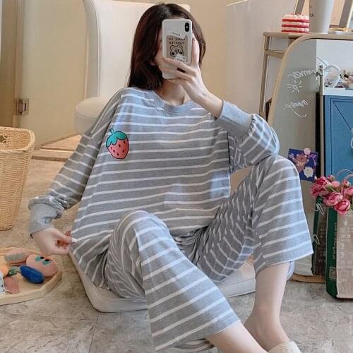 2021 Spring Autumn Long Sleeve Cotton Pajama Sets For Women Casual Striped Loose Sleepwear Pyjamas Homewear Pijama Mujer Clothes