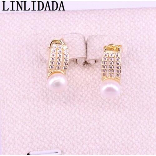 8Pairs, Elegant Freshwater Pearl Stud Earrings Micro Pave CZ Fashion Gold Earrings Party Jewelry For Women