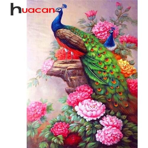 Huacan DIY Diamond Painting Mosaic Peacock Flower Kits Full Square/Round Diamond Embroidery Animal Handicraft Art