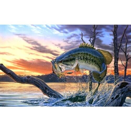 Large Mouth bass fishing lake poster sunset scenery landscape painting on canvas for wall art decor