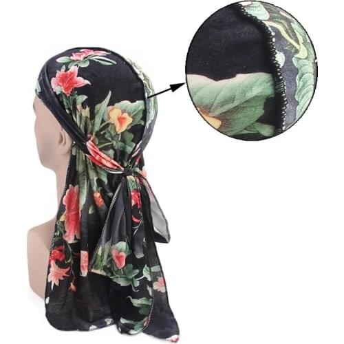 Floral Velvet Durag HipHop Du Doo Rag Hat Elastic Bandana Headwear Long Tail Women Du-rag Head Wrap Men Flower Print Chemo Cap