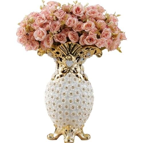 Europe Luxury High-grade Diamond Resin Vase+Artificial Flower Ornament Home Decoration Crafts Livingroom Flower Pot Figurine Art