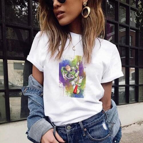 Disney T-shirt Women Cartoon Buzz Lightyear Summer Girl T Shirt O-Neck White Unisex Tops Femme Toy Story Tee Shirt