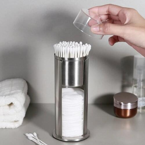 Round Cotton Swab Storage Box Stainless Steel Makeup Organizer Cotton Pads Container Cosmetic Transparent Bathroom Storage Tool