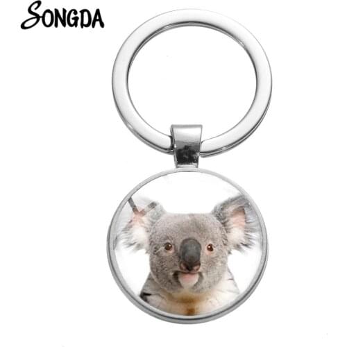Cute Australia Koala Keychain Animal Jewelry Handmade Art Photo Glass Cabochon Round Pendant Key Ring Holder Bag Charm Ornament
