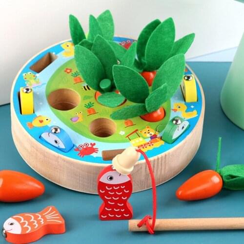 Montessori Toy Wooden Block Set Pulling Carrot Fishing Toys Shape Matching Size Cognition Interactive Educational Toy Gifts