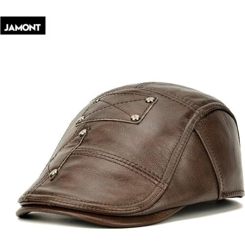 JAMONT 2020 Flat Caps Men Real Cowhide Leather Hats Berets Earflaps Black Casual Directors Cap Male Vintage Winter Driving Caps