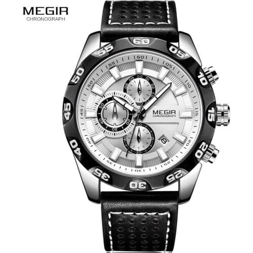 Megir Mens Military Sports Watches Leather Strap Top Brand Chronograph 3 Bar Waterproof Luminous Wrist Watch Man 2096G White