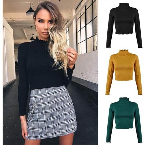 2021 New Sweaters Autumn And Winter Semi-high Turtleneck Solid Color Long-sleeved Knitted T-shirt Slim Ladies Exposed Navel Top