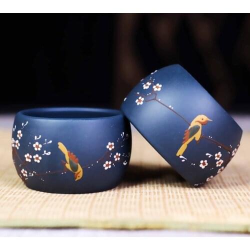 Authentic Art Bird Tea Cup, Hand painted teacup natural ore purple sand tea bowl heat-resistant tea set cup accessories