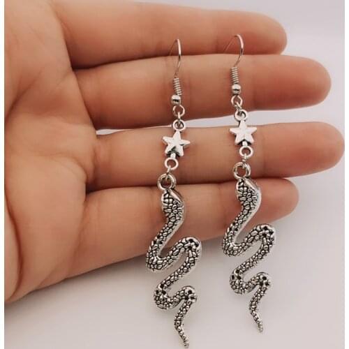 Original Handmade Gothic Silver Plated Snake Serpent Dangle Earrings with Stars,Boho,Bohemian,Witchy,Goth,Gothic,Celestial