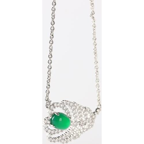 S925 Sterling Silver Inlaid Natural Jade Necklace, 16 Inches
