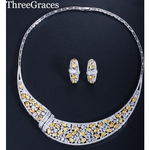 Threegraces Unique Design African Wedding Costume Jewelry Sets Irregular Cubic Zirconia Bridal Earrings and Necklace Set JS023
