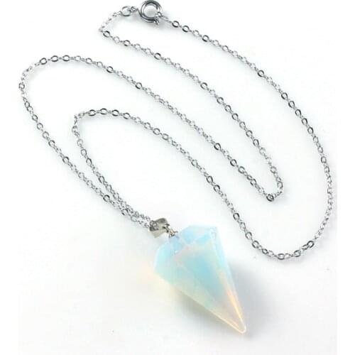 Trendy-beads Silver Plated Opalite Opal Hexagon Pyramid Pendant Link Chain Necklace Fashion Jewelry