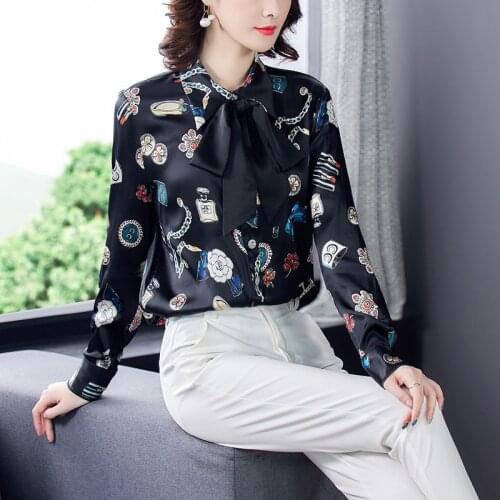 Spring Vintage Black Florla Silk Satin Tops and Blouses 2021 Casual Office Print 3XL Plus Size Shirts Elegant Bodycon Blouses
