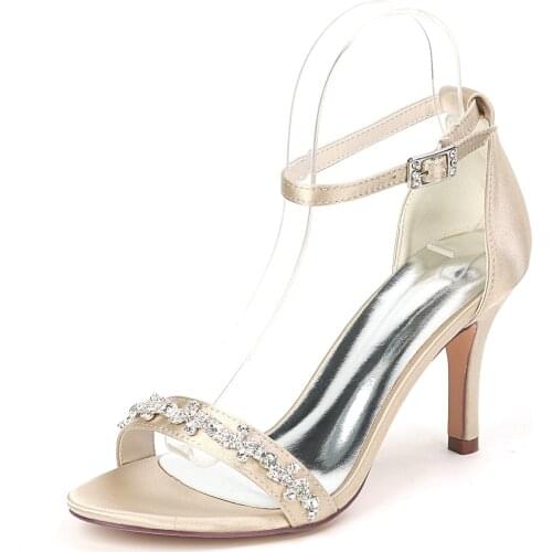 Summer Lady Shoes Elegant Satin Evening Dress Sandals 3 inches stelitto High heels Ankle Strap with Crystal chain Bridal wedding
